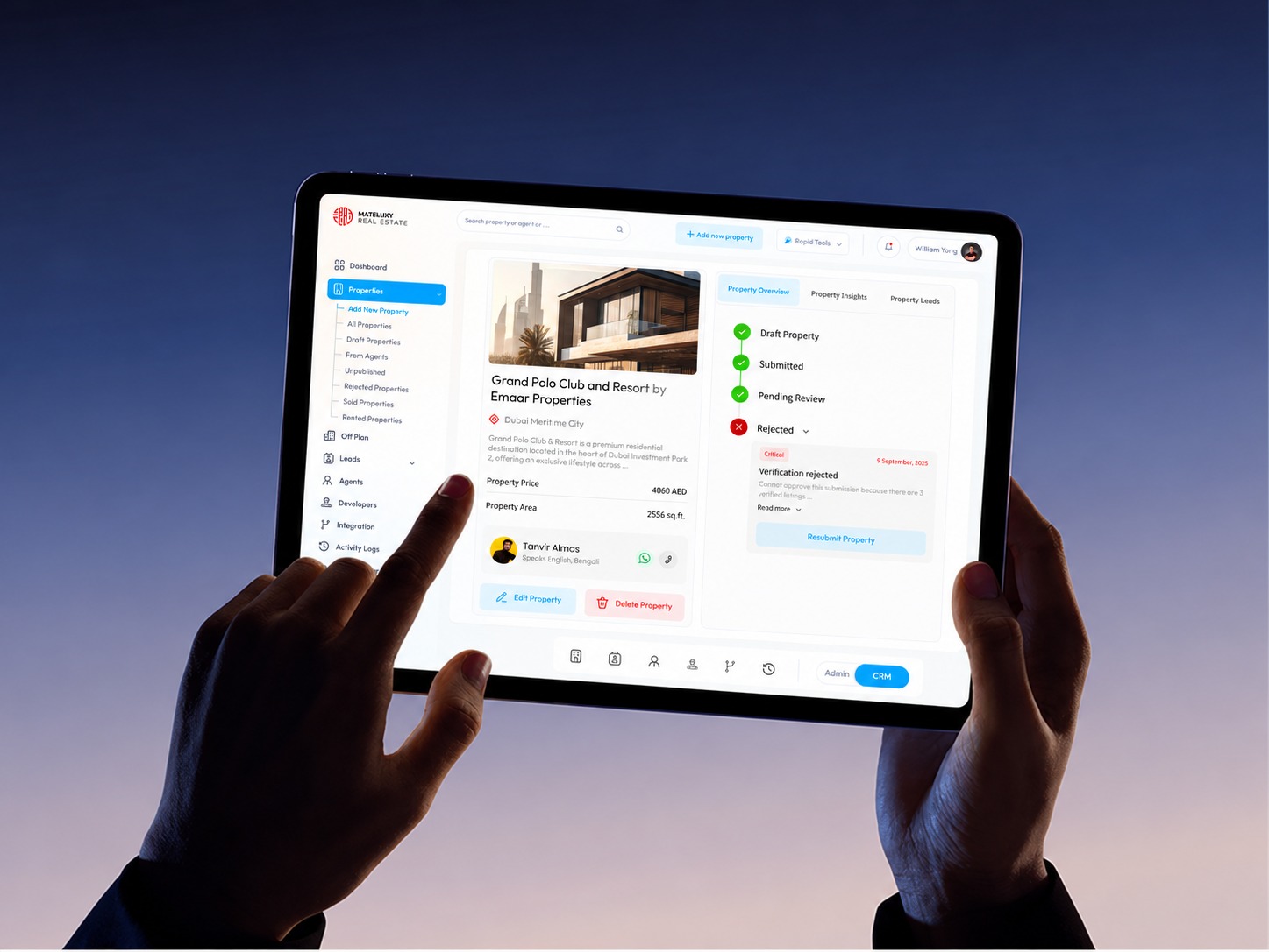 Mateluxy CRM property listings in a device mockup