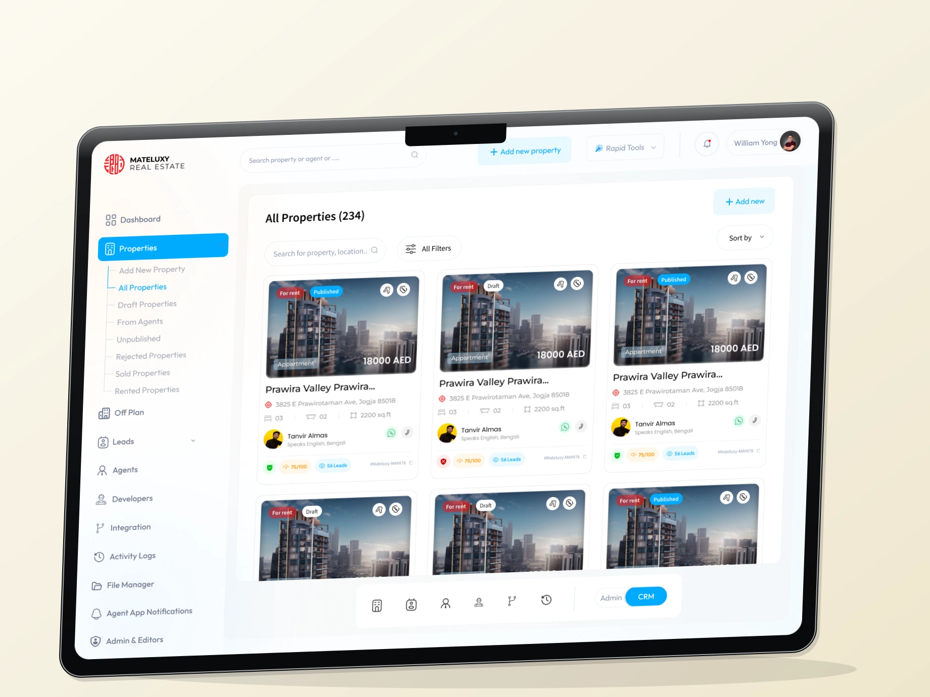 Mateluxy CRM property listings in a device mockup