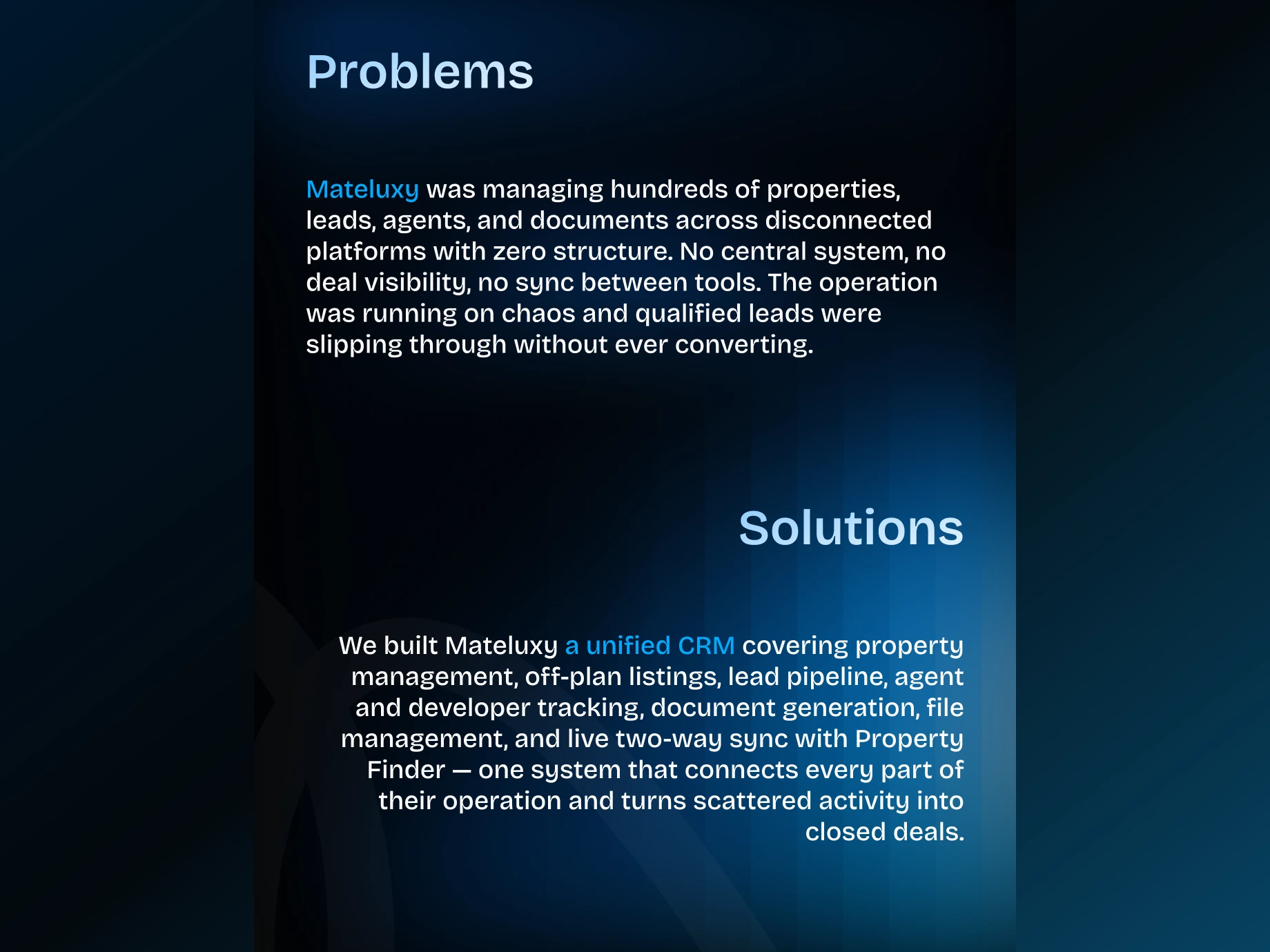 Mateluxy CRM project problem and solution