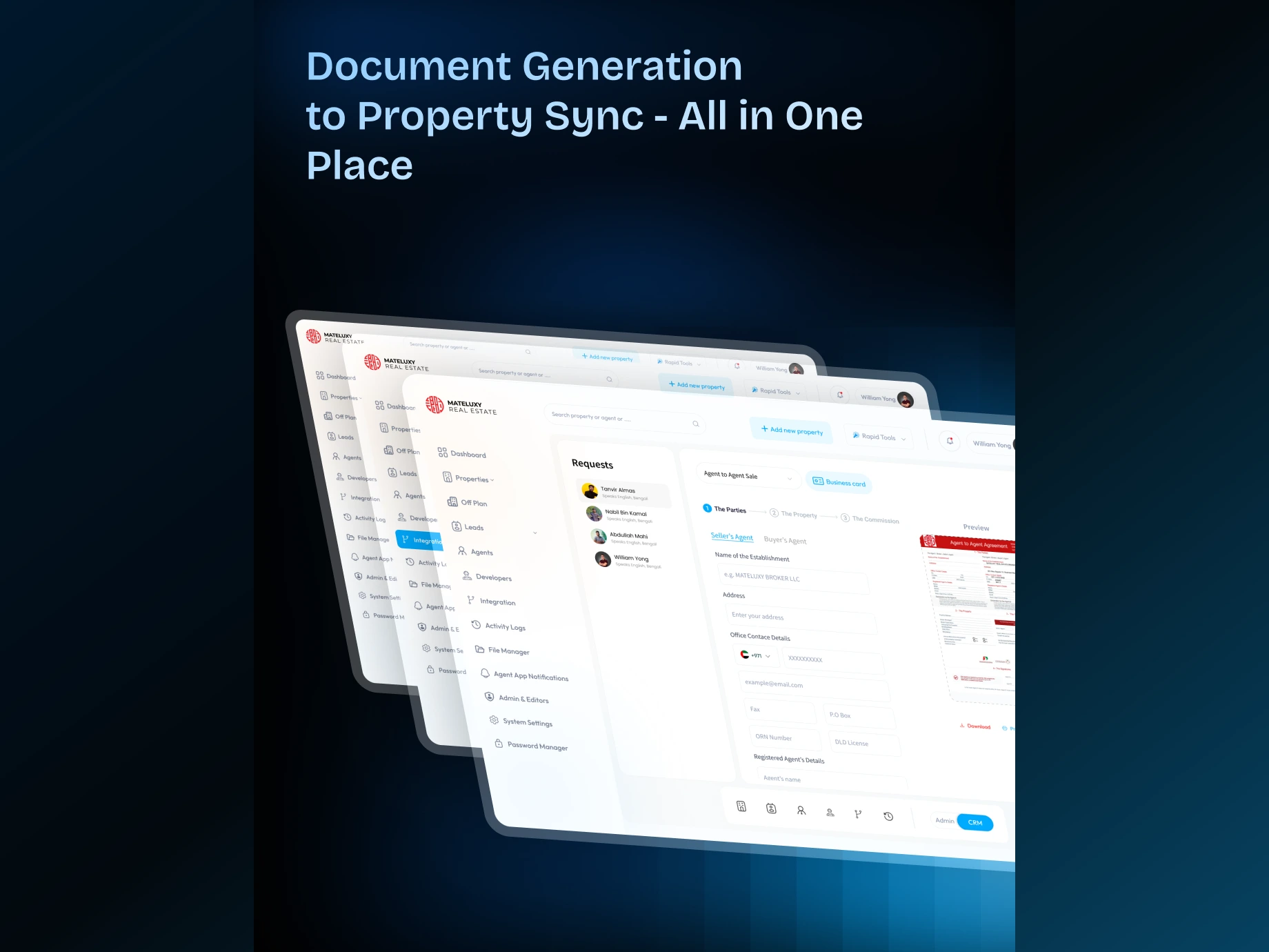 Mateluxy CRM document and integration screens